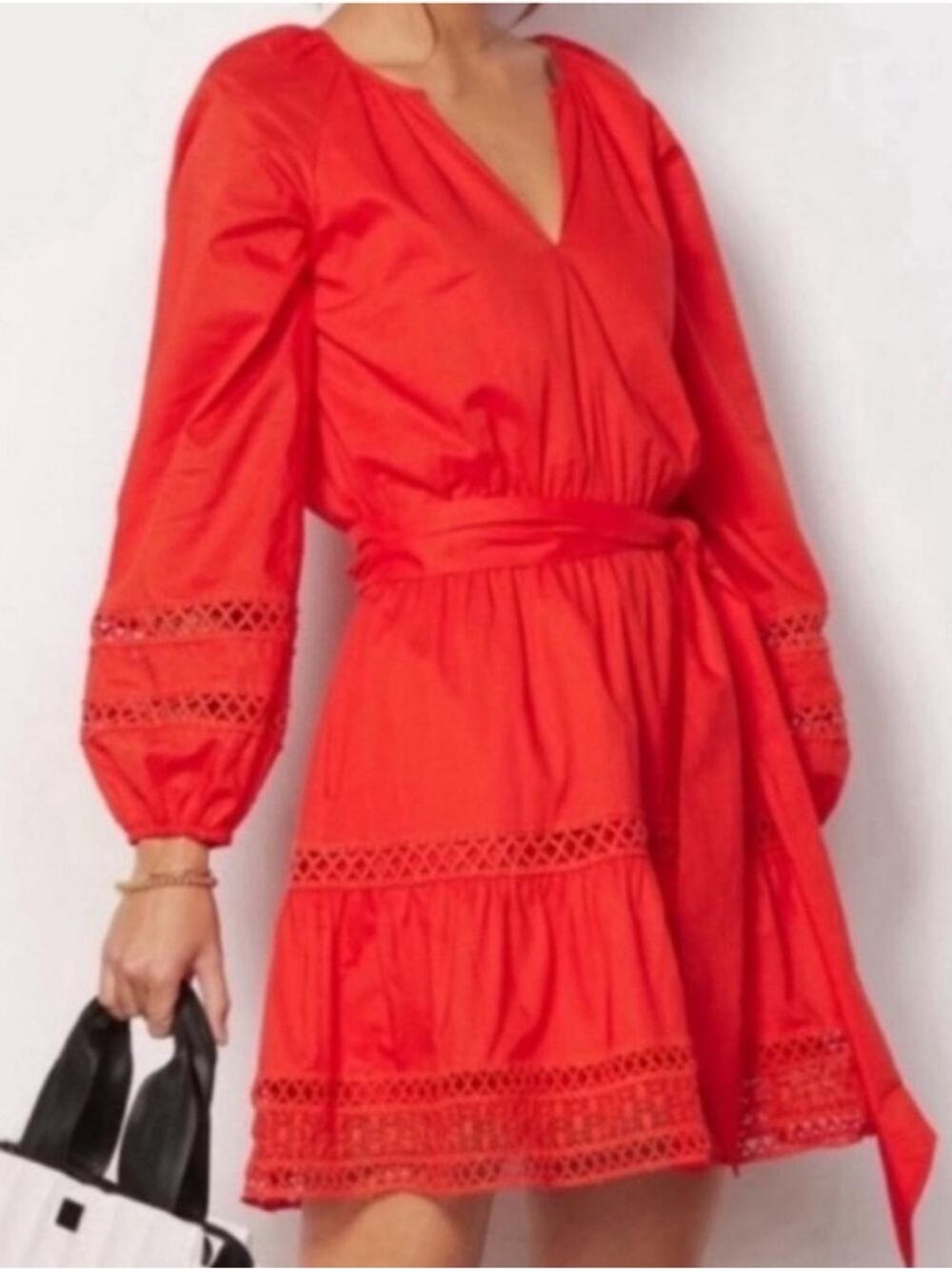Evereve Juliana Mini Dress Size S Cayenne Red Tiered Belted Balloon Sleeve Boho